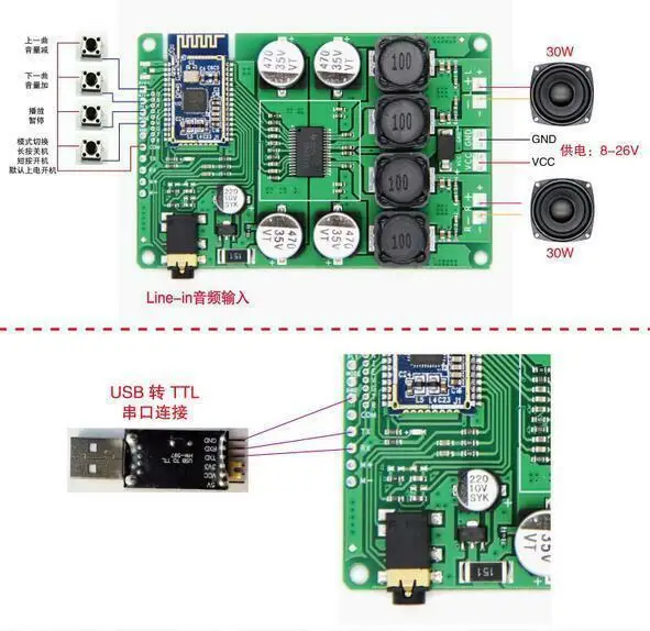 Bluetooth 5 0 приемник усилитель мощности плата 30WX2 стерео аудио AUX 12В 24В автомобиль |