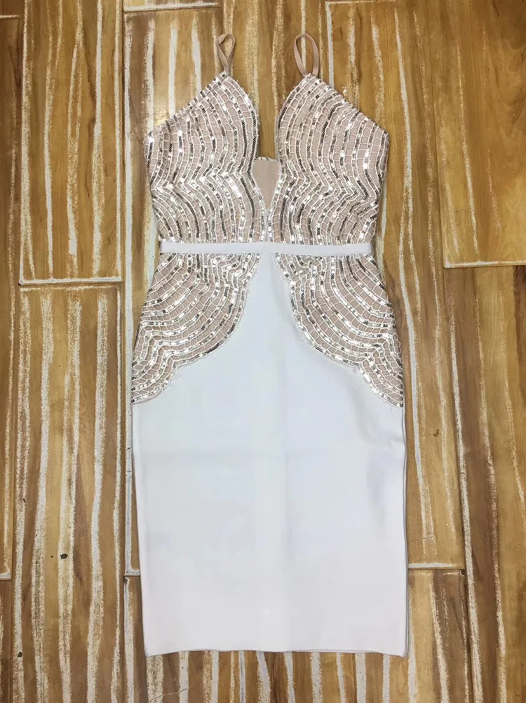 Новое летнее платье женское сексуальное с v образным вырезом Pacthwork пайетки белое