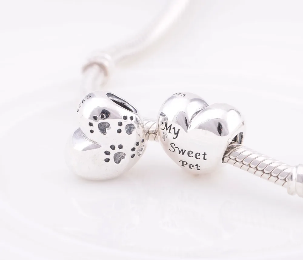 Сердце Талисманы бисера стерлингового серебра 925 мой сладкий Pet Paw Print Шарм Fit