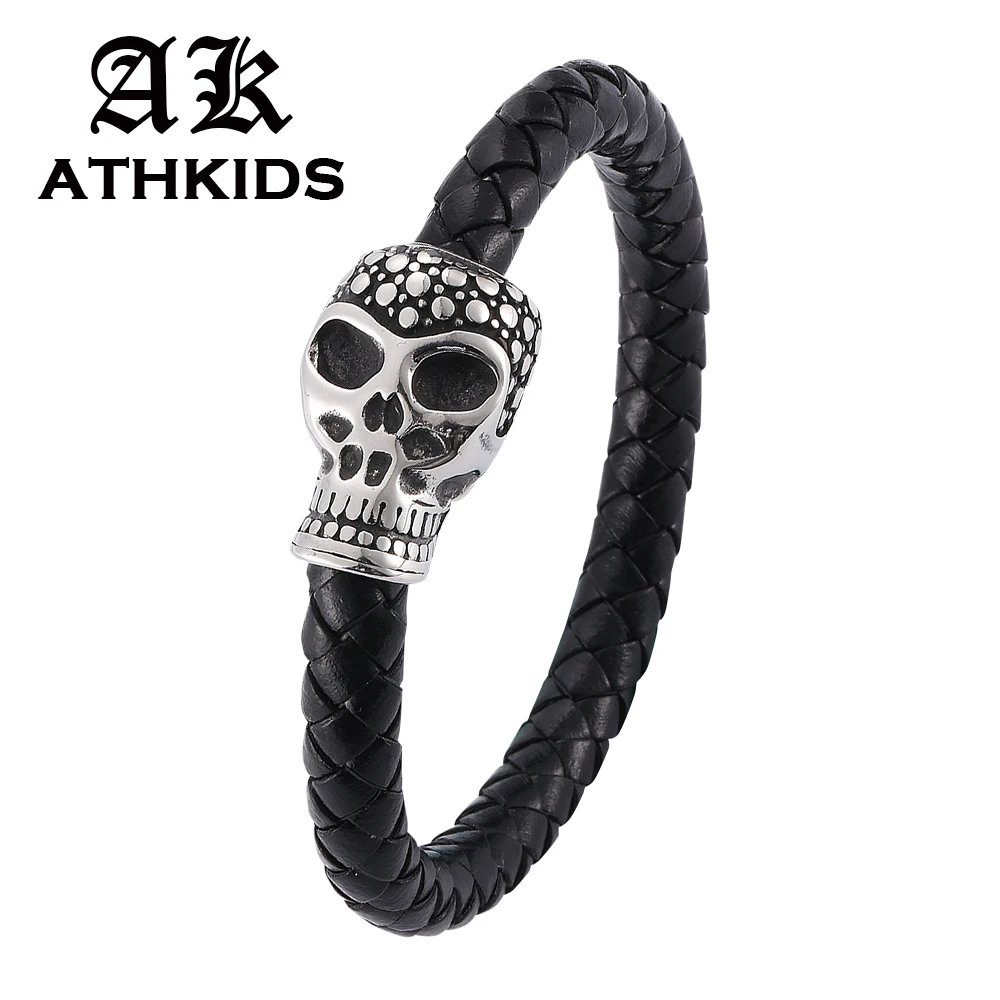 

Men Jewelry Skull Stainless Steel Magnetic Buckle Bracelets Bangles Hand Made Top Quality Black Braid Leather Bracelet PD0062