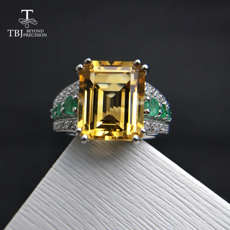 

TBJ,High quality Gemstone solid Ring with Brazil Citrine and Emerald in 925 sterling silver women best gift anniversary party