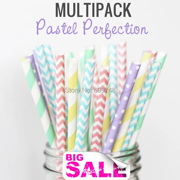

125pcs Mixed Colors PASTEL PERFECTION Themed Paper Straws,Light Blue,Baby Pink Chevron,Mint,Light Yellow Striped,Lavender Dot