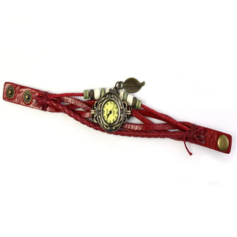Женские наручные часы с плетением винтажные кварцевые кожаными вставками и