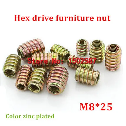 

50pcs/lot M8*25 Color Zinc Coated Pass-Through Furniture Nut Internal External Thread Screw For Wood Insert Nut