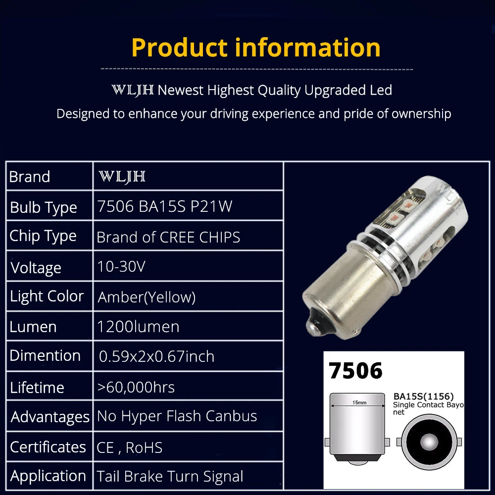 WLJH Canbus Error Free Ba15S P21W 1156 7506 / Bau15S Py21W 7507 Светодиодная лампа 1200 люмен сигнала поворота