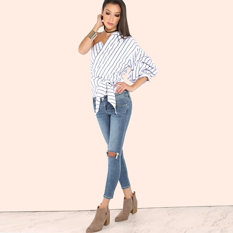 Блузка женская летняя с длинным рукавом и бантом|blouses women tops|blue striped blousewomen blouses |