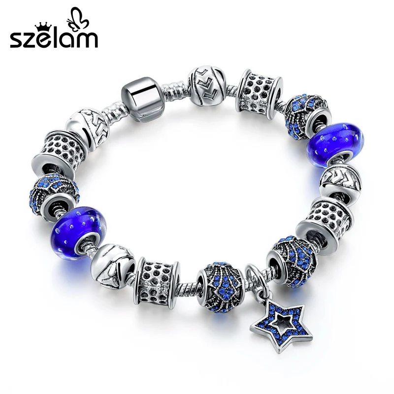Женский браслет с шармами Szelam серебряного цвета синей звездой и кристаллами