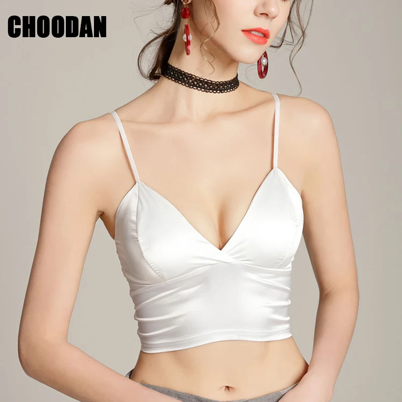 Кроп Топ женский атласный без рукавов с глубоким V образным вырезом|top camisole|deep v neck