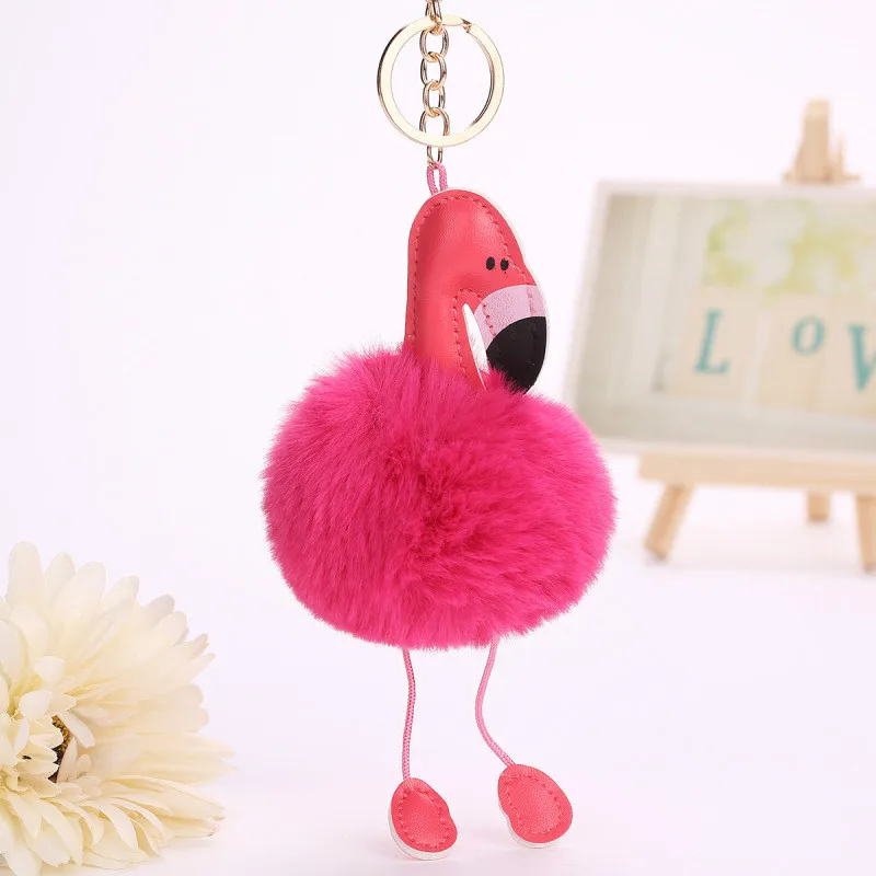 

Original New Fluffy Pompom Flamingo Keychain Women Faux Rabbit Fur Ball Pompon Key Chain Pom Pom Bag Car Key Ring Holder Gift