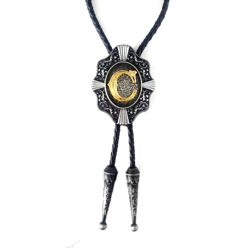 5 pcs wholesale Vintage Western cowboy bolo tie for men Black leather chain metal buckle With Gold Letter &quotC&quot custom ties |