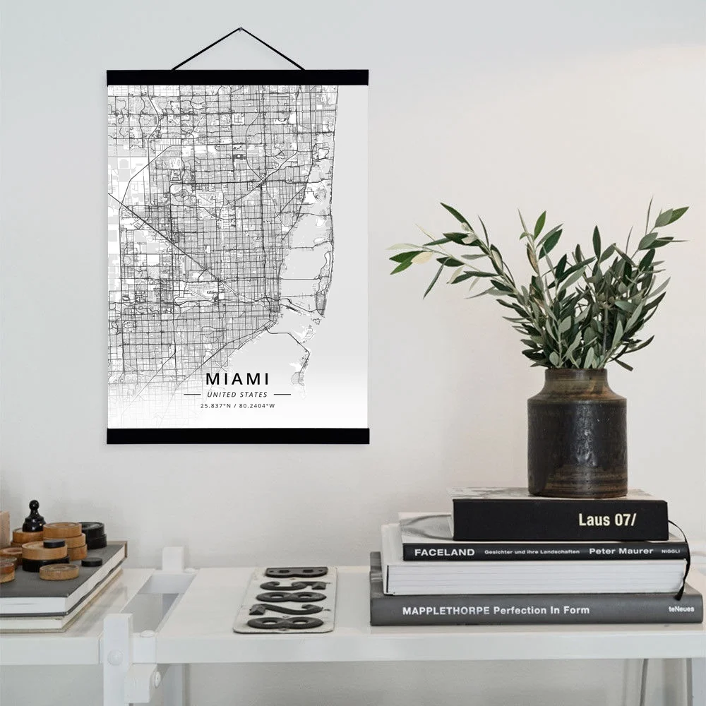 

Miami, United States City Map Wooden Framed Canvas Painting Home Decor Wall Art Print Pictures Poster Hanger