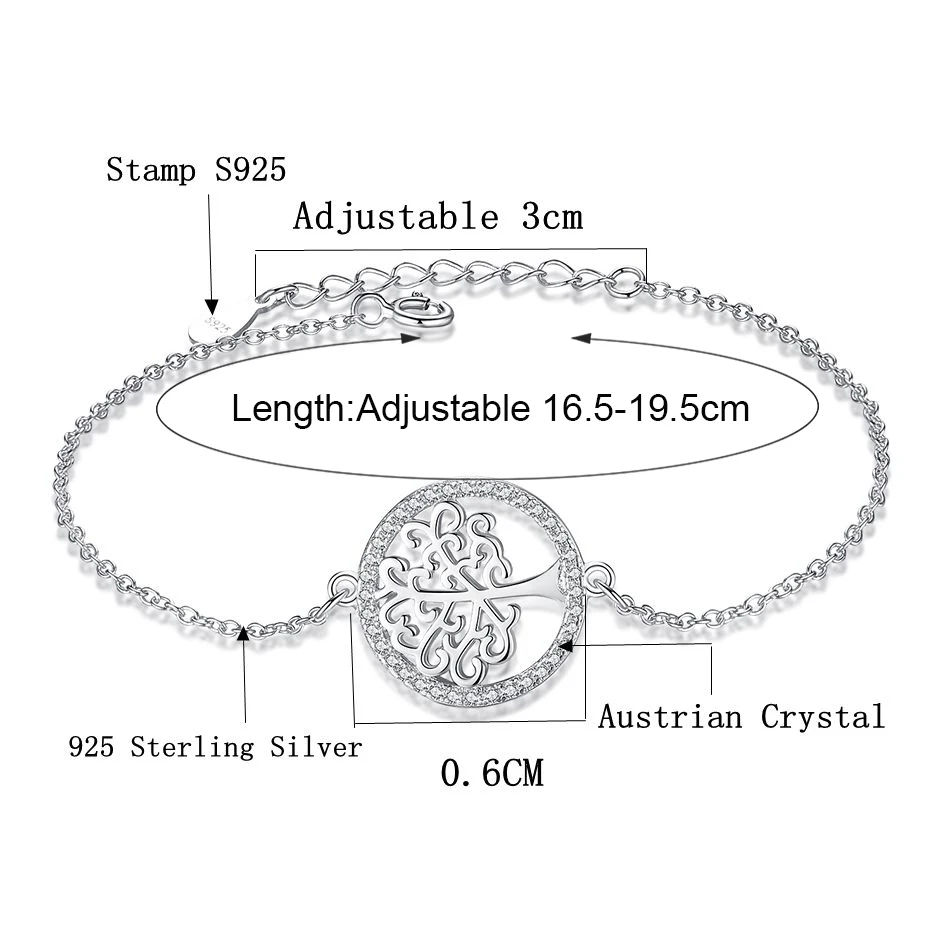 Женский браслет цепочка из серебра 925 пробы с кристаллами|tree of life bracelet|sterling silver925