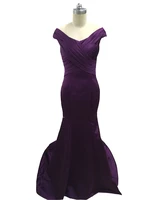 hot sale off the shoulder mermaid bridesmaids dresses court train pleated purple party gowns