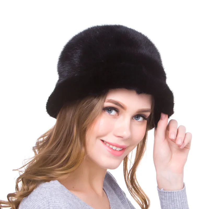 Natural Mink Handmade Women's Winter Fashion Hat Real Fur Woman's Hat Solid Color Warm Ear Caps