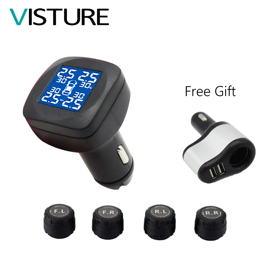 Visture T05WG TPMS автомобильная система контроля давления в шинах дисплей 4 внешних датчика температурная сигнализация Автомобильная сигара зарядное устройство