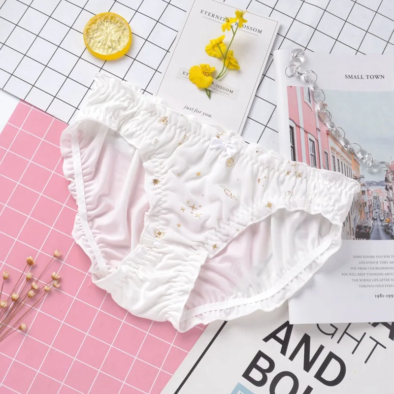 white SP& CITY, Лолита, кружевные трусики с рюшами и бантом, милое бесшовное нижнее белье для женщин, сексуальные хлопковые трусы с золотым принтом, женское нижнее белье Kawaii - Цвет: white