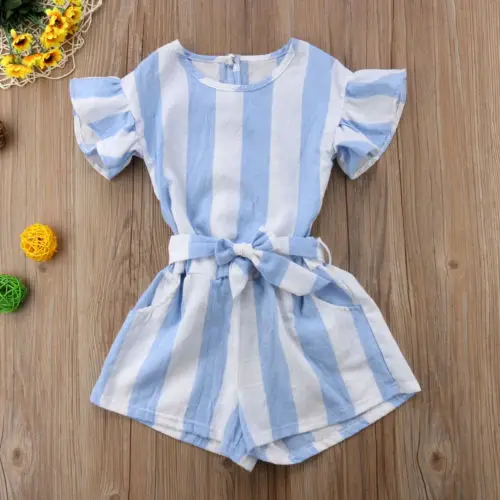 Girls Light Blue Stripe Tops T-shirt Shorts Outfits Clothes |