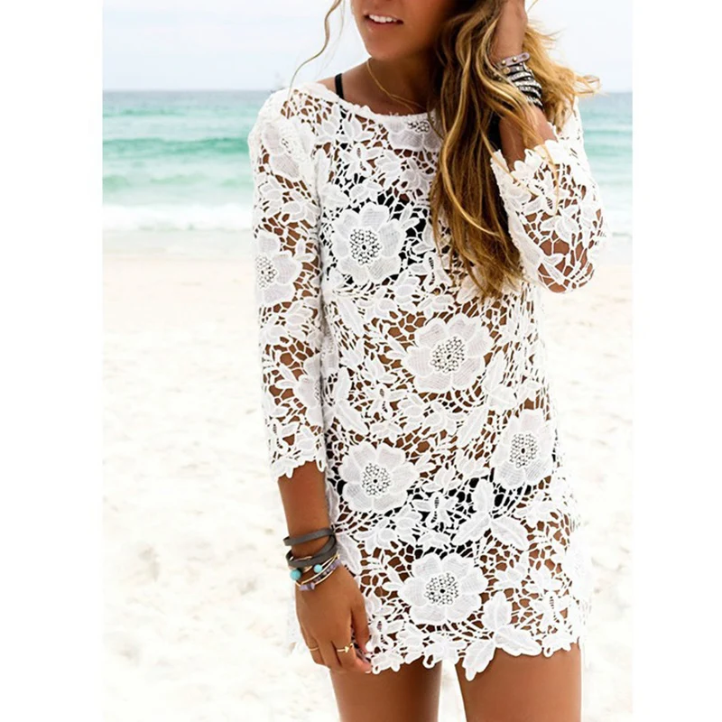 Кружевное пляжные платья в цветочек белое элегантное богемное женское летнее