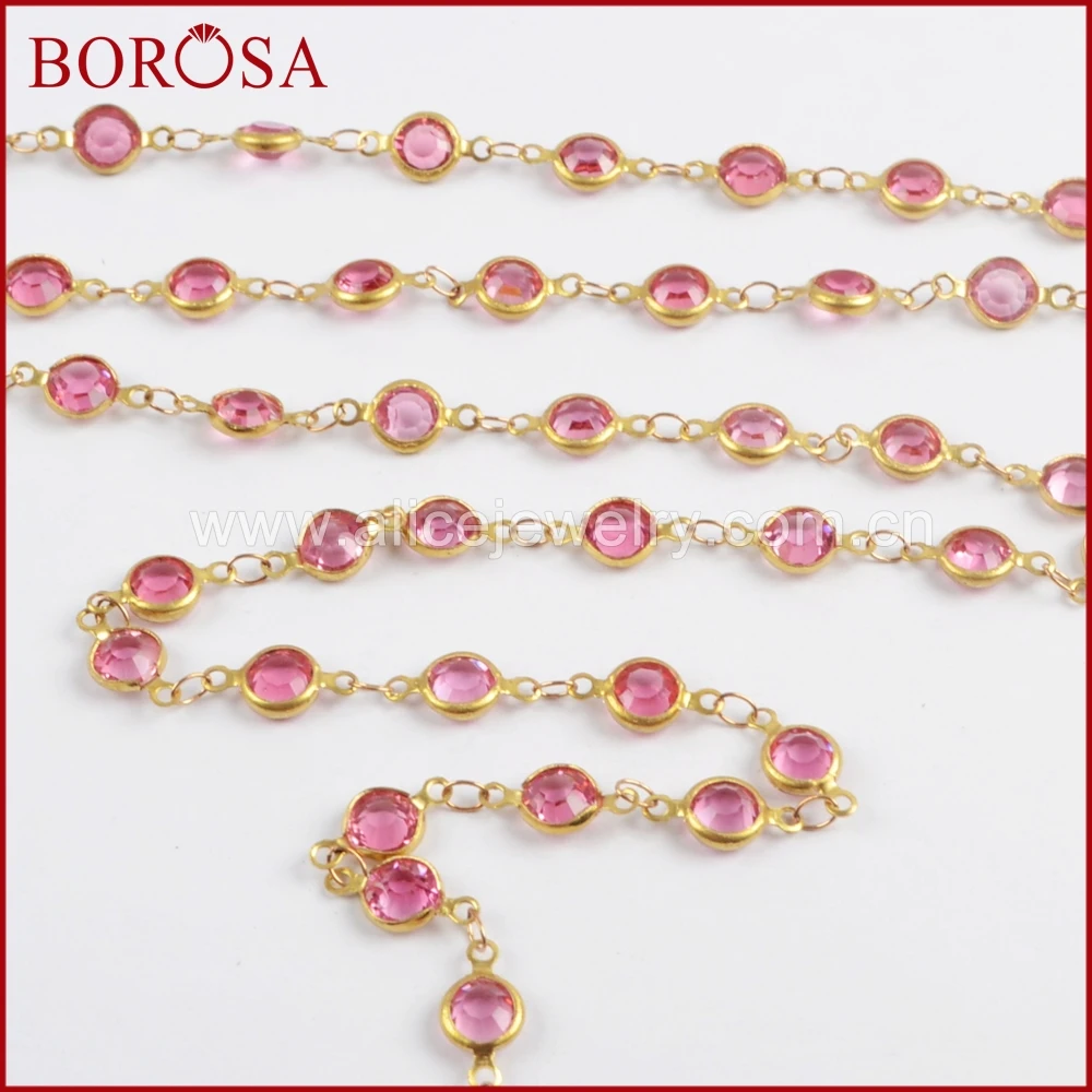 

BOROSA New Collection Gold Color 7mm Pink Crystal Druzy Crystal Faceted Coin Rosary Chains for Necklace Drusy Beaded Chain JT191