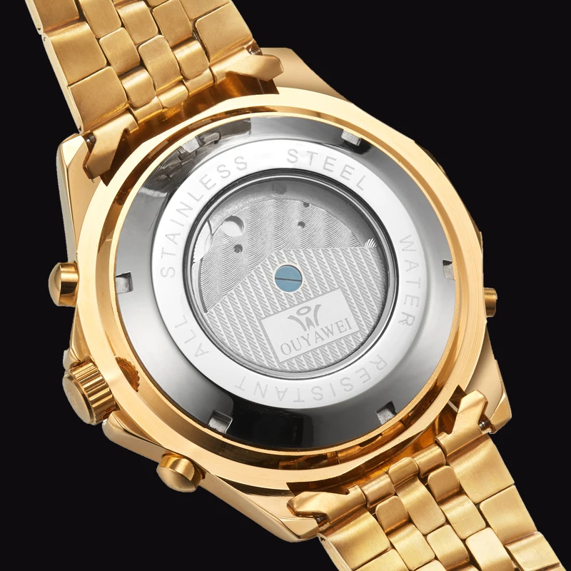 OUYAWEI Авто Дата для мужчин s Tourbillon часы золото Сталь механические Автоматические