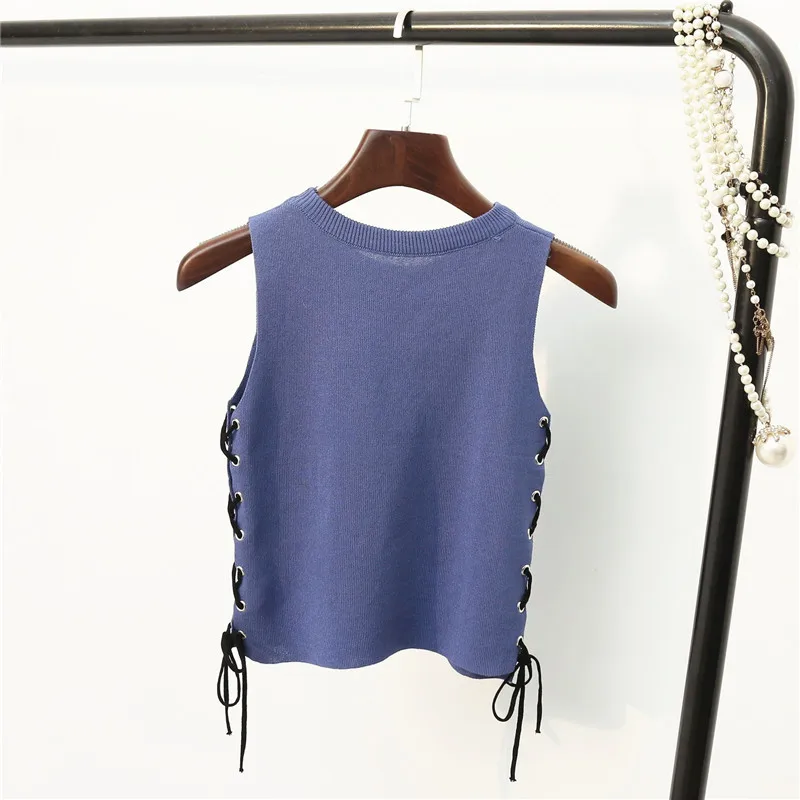 Женская футболка на шнуровке повседневная трикотажная без рукавов с круглым