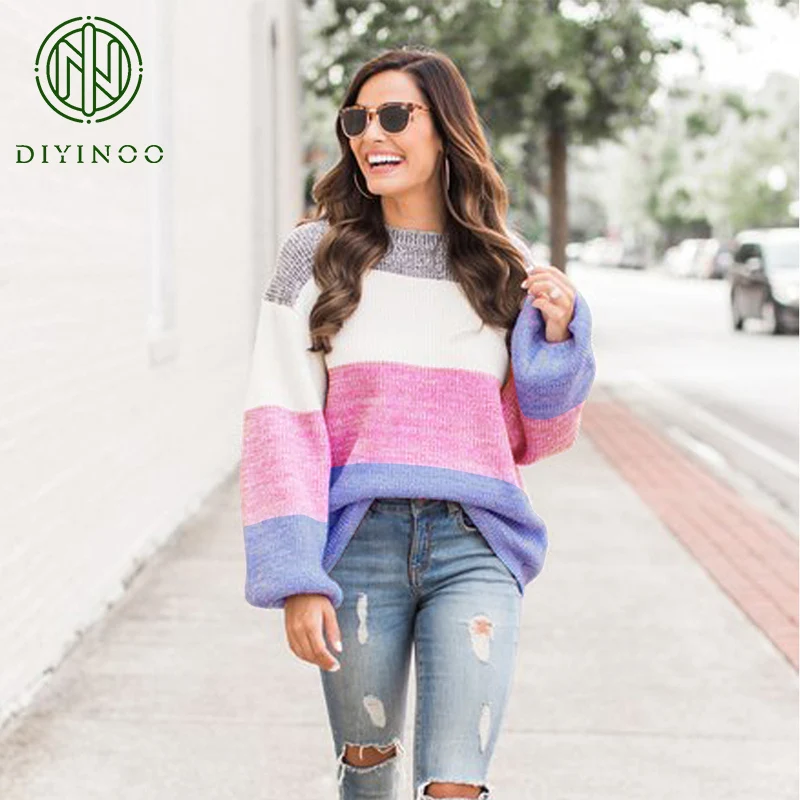 DIYINOO 2018 Autumn Winter Colorful Patchwork Long Lantern Sleeve O-Neck Knitted Pullovers OL Sweater S/M/L/XL Women's Sweaters | Женская