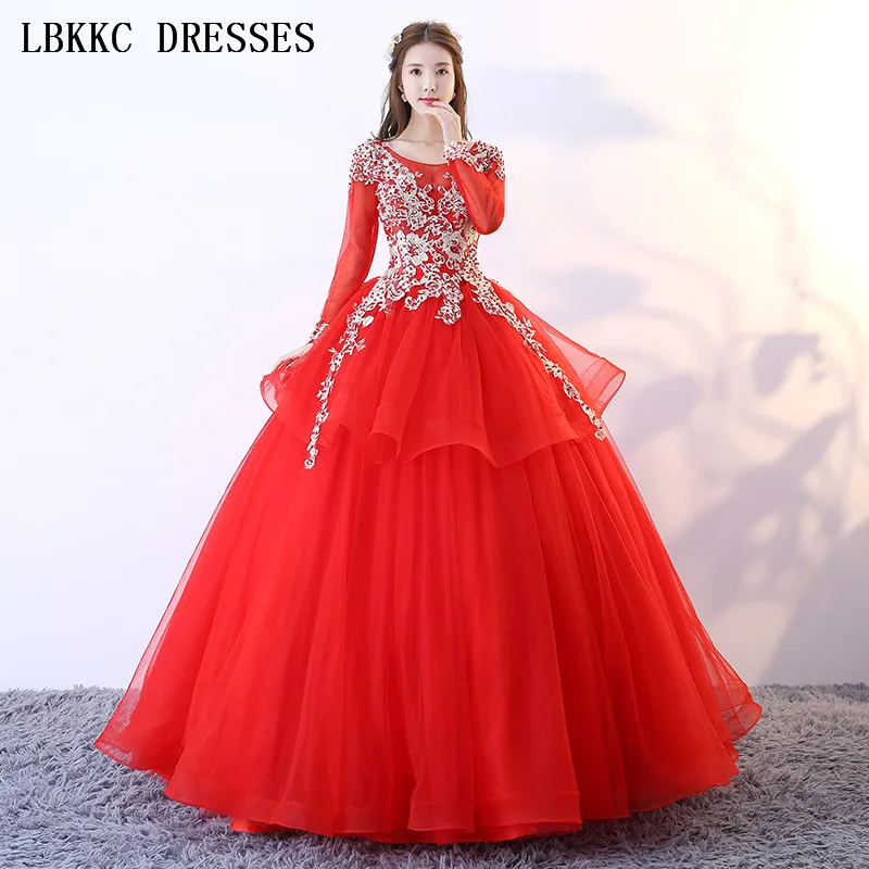 Красное платье Quinceanera с длинным рукавом бальное кружево бусины сладкий 16 платья