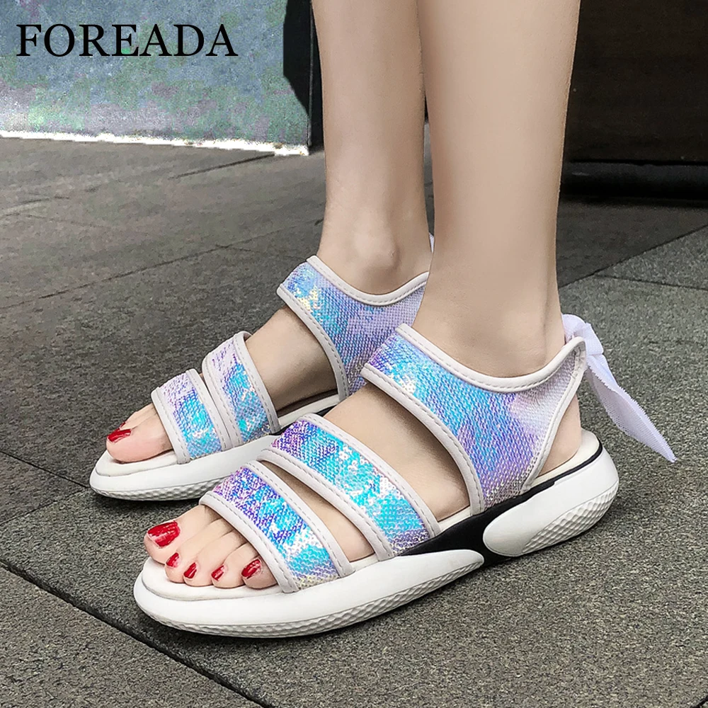 Женские босоножки на плоской подошве FOREADA туфли с блестками открытым носком