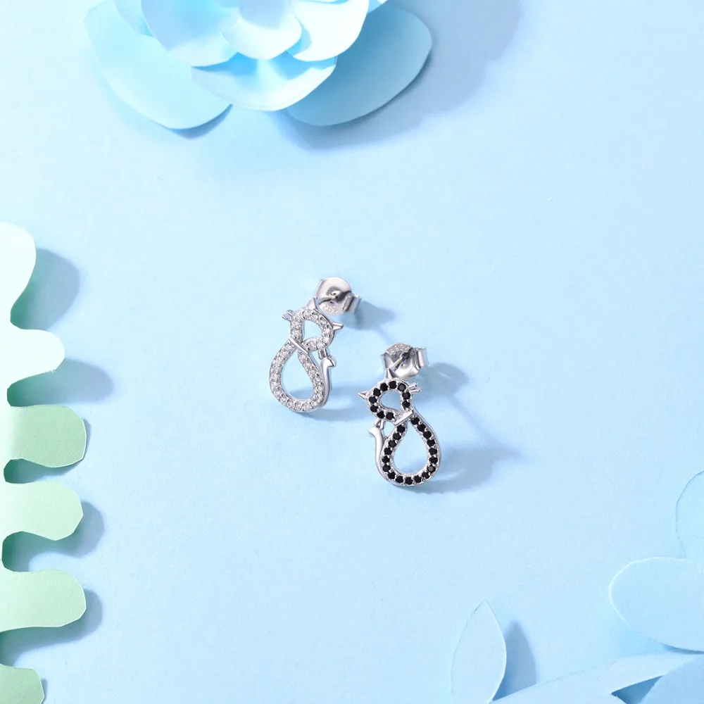 SILVERCUTE CZ черные/белые серьги-гвоздики с кошкой из стерлингового серебра 925 пробы