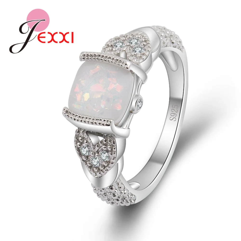 

100% 925 Sterling Silver Wedding Promise Rings Inlaid Square Opal Crystals Women Engagement Finger Anillos Wholesale