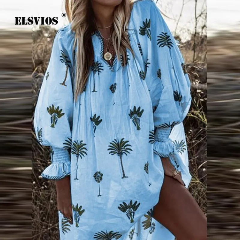 ELSVIOS летнее платье с цветочным принтом и v образным вырезом женское повседневное