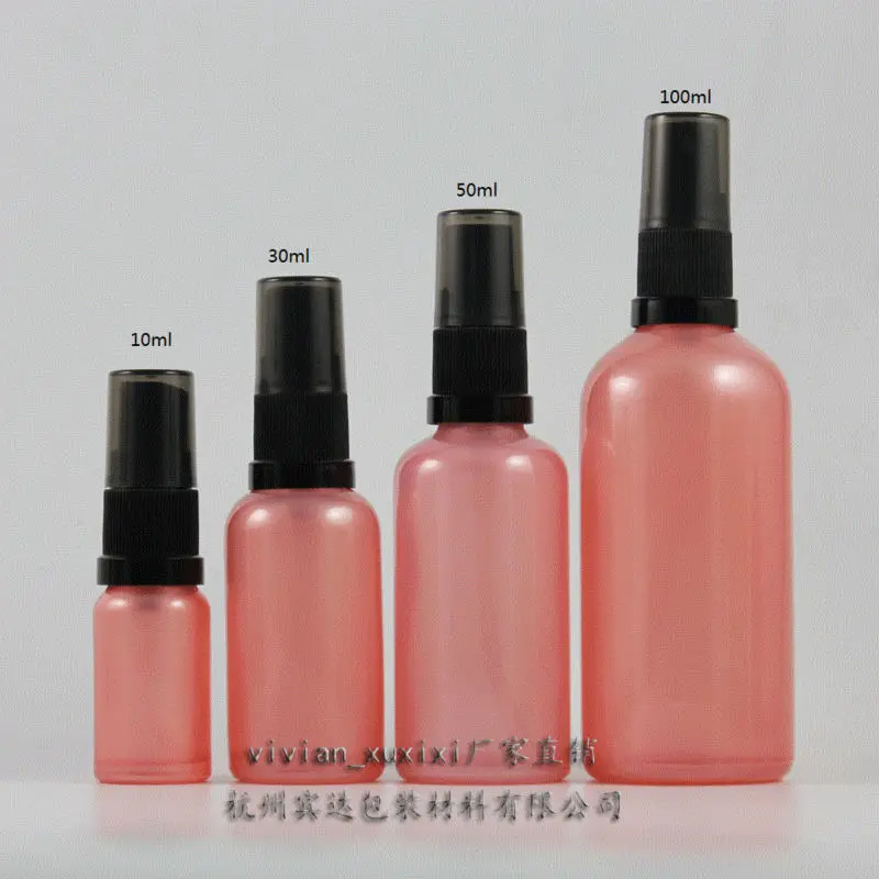 10ml pink Glass lotion bottle with black plastic pump,10ml glass pink cosmetic bottle  for liquid