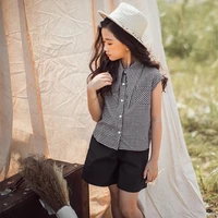 dfxd 2018 summer high quality teen girl clothing sets new cotton sleeveless plaid single breasted shirtshorts 2pc for 3 14years