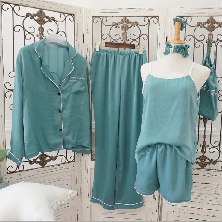

Sweet Women Pajamas V-Neck Nightdrss+Shots+Long Sleeve Section Pajama Set Female Summer Sleepwear