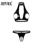 Комплект женского нижнего белья из искусственной кожи с вырезами и открытым бюстгальтером