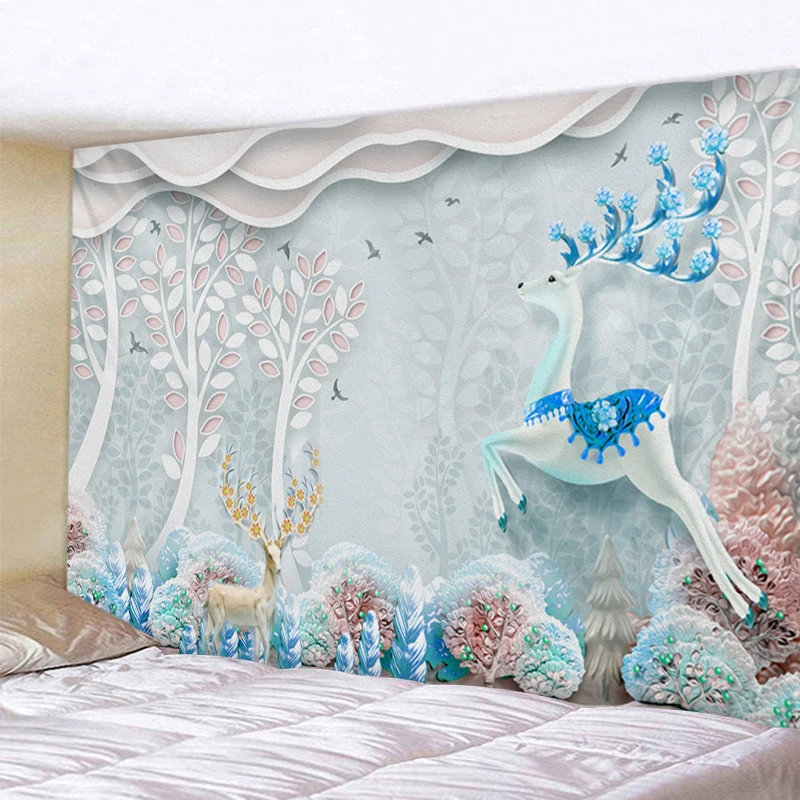 

Cartoon Forest Elk Landscape Tapestry Boho Mandala Wall Hanging Royal Blue 3D Hippie Wall Tapestry Home Decor Mint Yoga Mat
