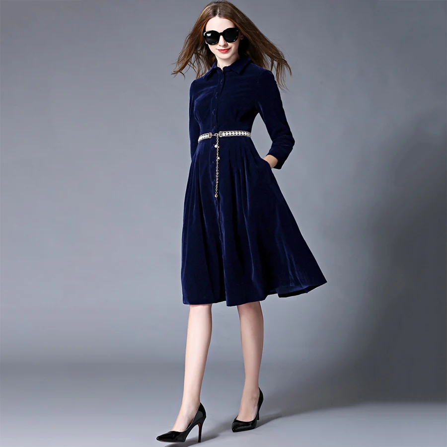 Осенне зимнее платье 2017 новое модное женское однобортное бархатное с длинным