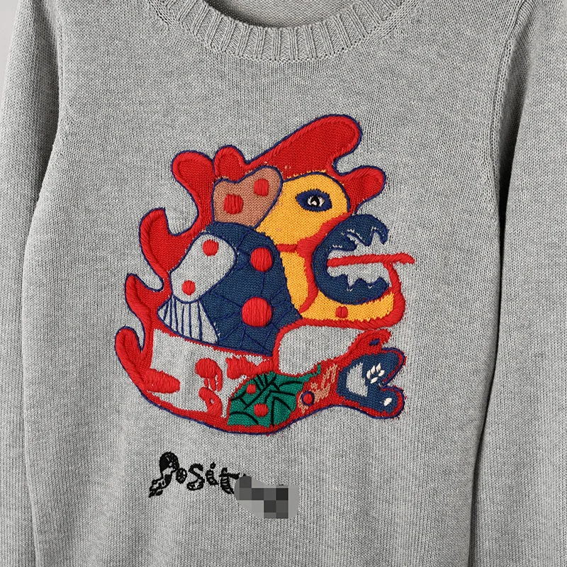 2018 Autumn Winter Luxury Monster Embroidery Sweater Pullover Women Runway Designer Long Sleeve Ladies Gray Knit Jumper Clothes | Женская