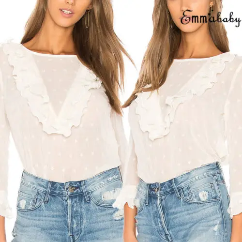 

Fashion Women Loose Long Sleeve Ruffle Frill Shirts Tops Solid Casual Chiffon Blouse Shirt