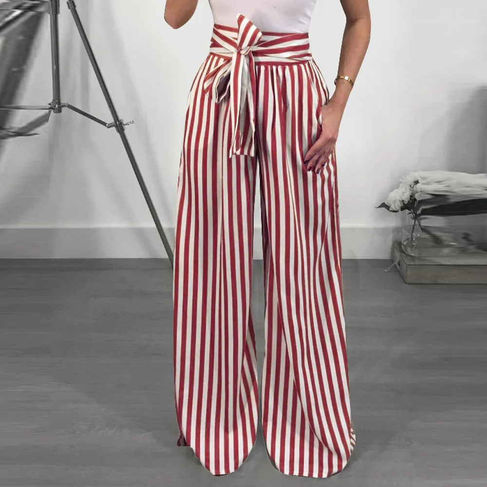 Простые полосатые женские широкие брюки с высокой талией, женские летние пляжные брюки с высокой талией, шикарные уличные повседневные брюки с поясом
