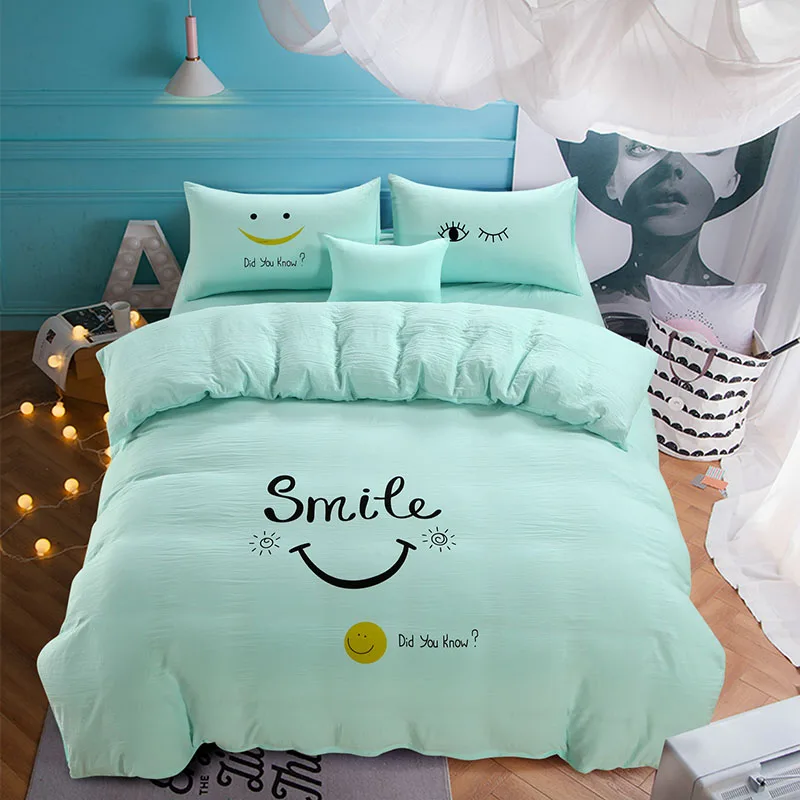 smile green INS промытый хлопок четыре части кружева Seers промытый хлопок серии набор простой сплошной мягкий приятный для кожи удобный прочный - Цвет: smile green