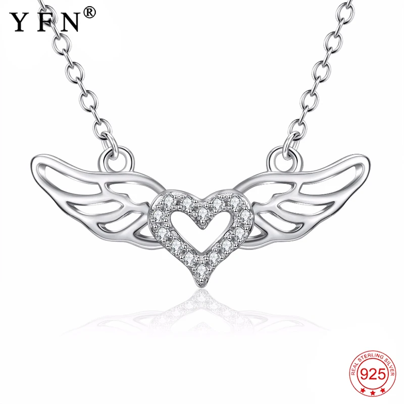 

YFN 925 Sterling Silver Sweet Necklace Angel Wings Love Heart Luxury Pendant Necklaces Jewelry For Women Trendy Jewelry Gift
