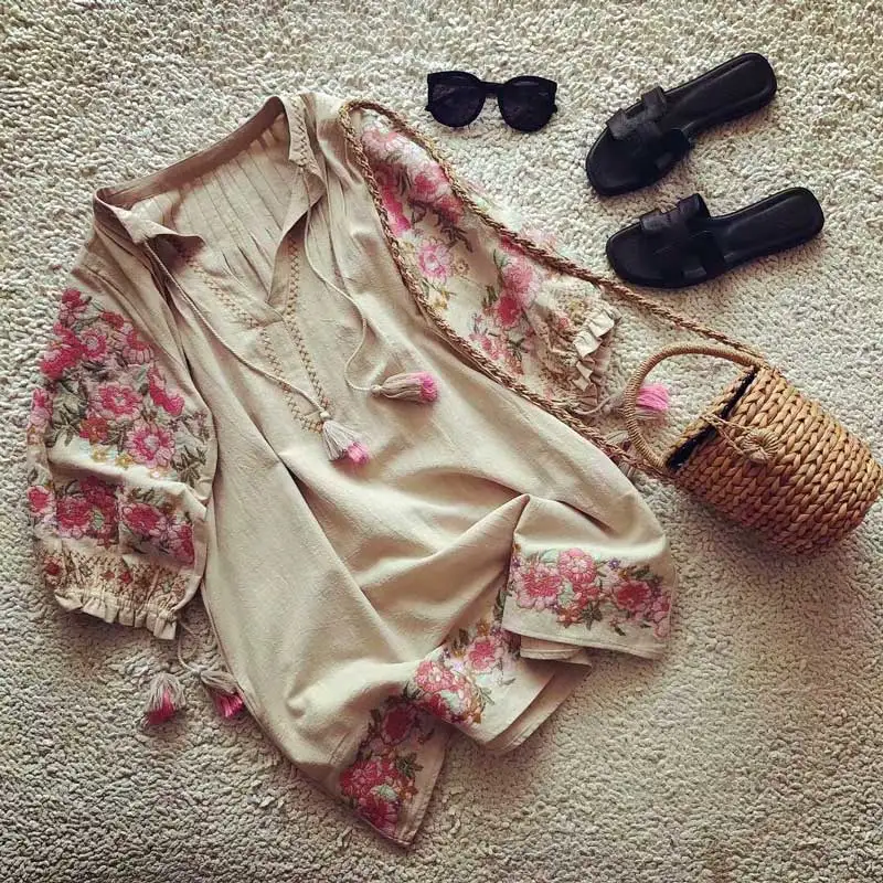 Boho Inspird вышивка цветами блуза с длинным рукавом фонариком v образным вырезом