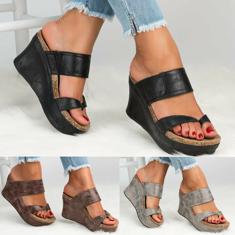 2019 г. летние женские босоножки кожаные вьетнамки на платформе и танкетке модная