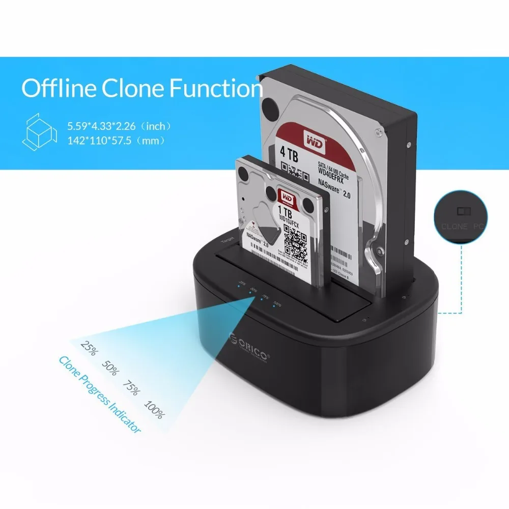 ORICO Clone 2.5 3.5 inch Hard Drive Docking Station USB3.0 1 to 1 Clone Dual-bay HDD and SSD Hard Drive Dock -Black (6228US3-C)