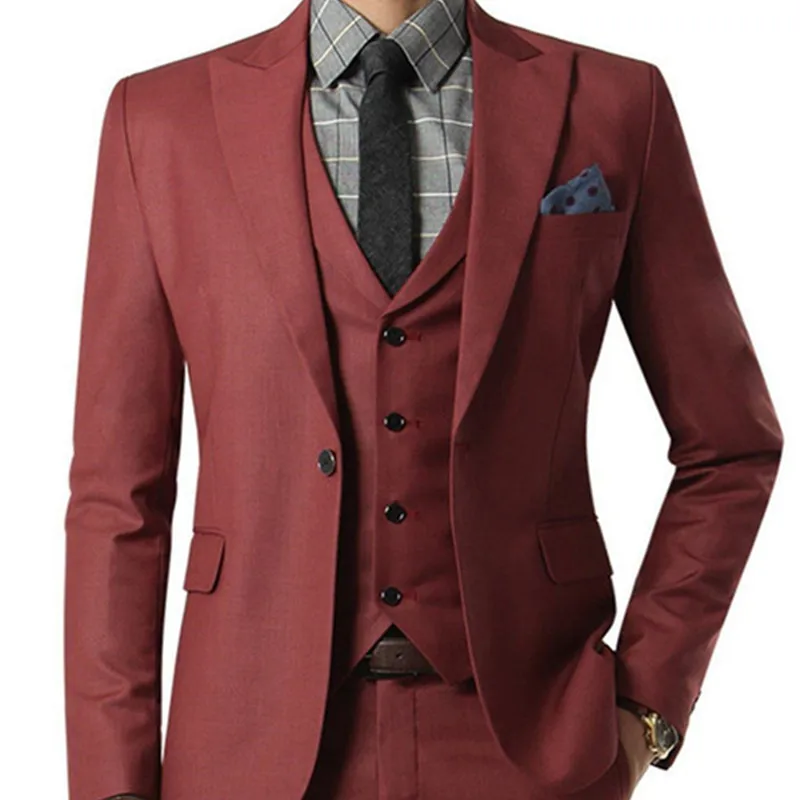 NoEnName_Null Wine red Suit Custom Made Wedding Suits With Pants Grooms Shawl Black Lapel Men suit Tuxedos ( jacket+Pants+vest)