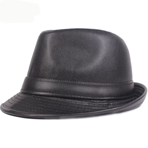 Черный HT2205 Fedoras шапки осень/зима для мужчин из искусственной кожи джаз шляпа мужская твердая Fedora шапки старшего человека простые Trilby котелки мужские шапки - Цвет: Черный