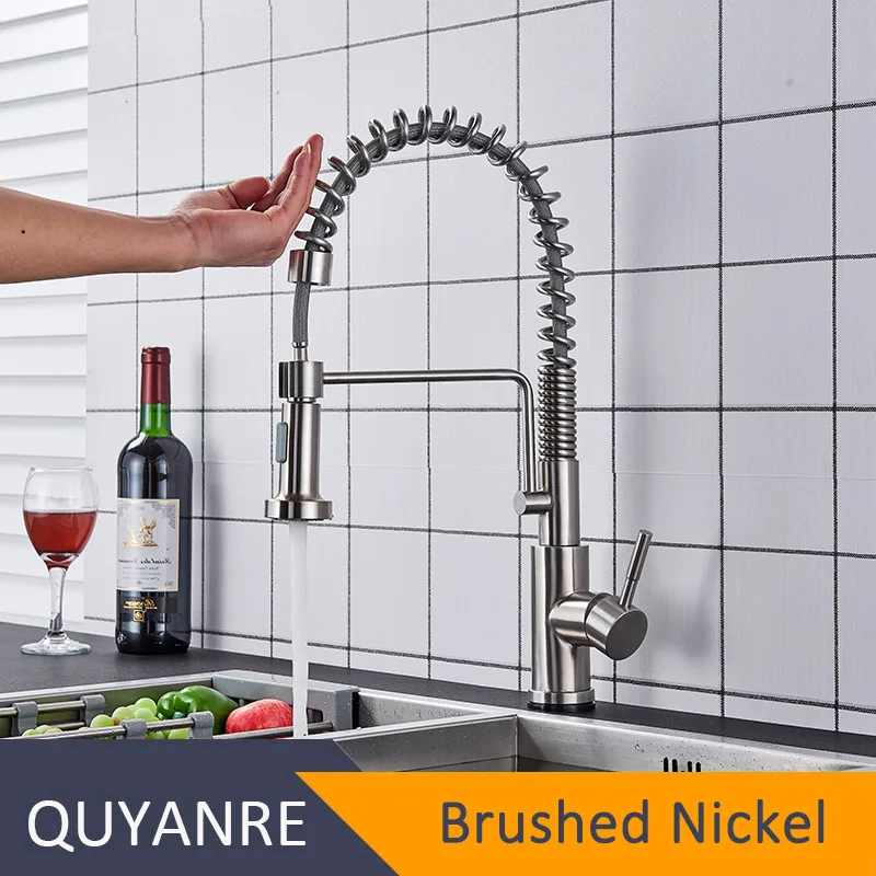 Brushed Nickel Quyanre матовый черный сенсорный кухонный пружинный кран чувствительный умный сенсорный кухонный кран выдвижной пружинный кухонный смеситель - Цвет: Brushed Nickel