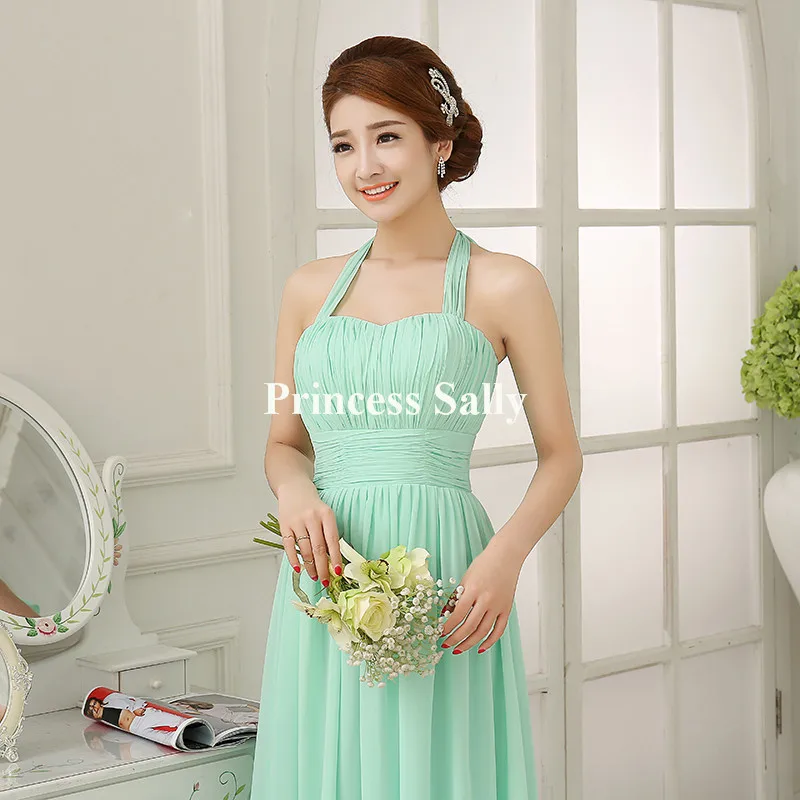 Платье для подружки невесты мятно Зеленое Шифоновое с лямкой на шее выпускного