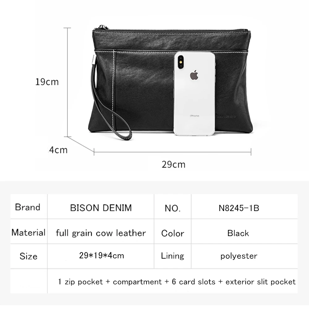 BISON DENIM коровья кожа кожаный клатч сумки для мужчин натуральная длинный карман